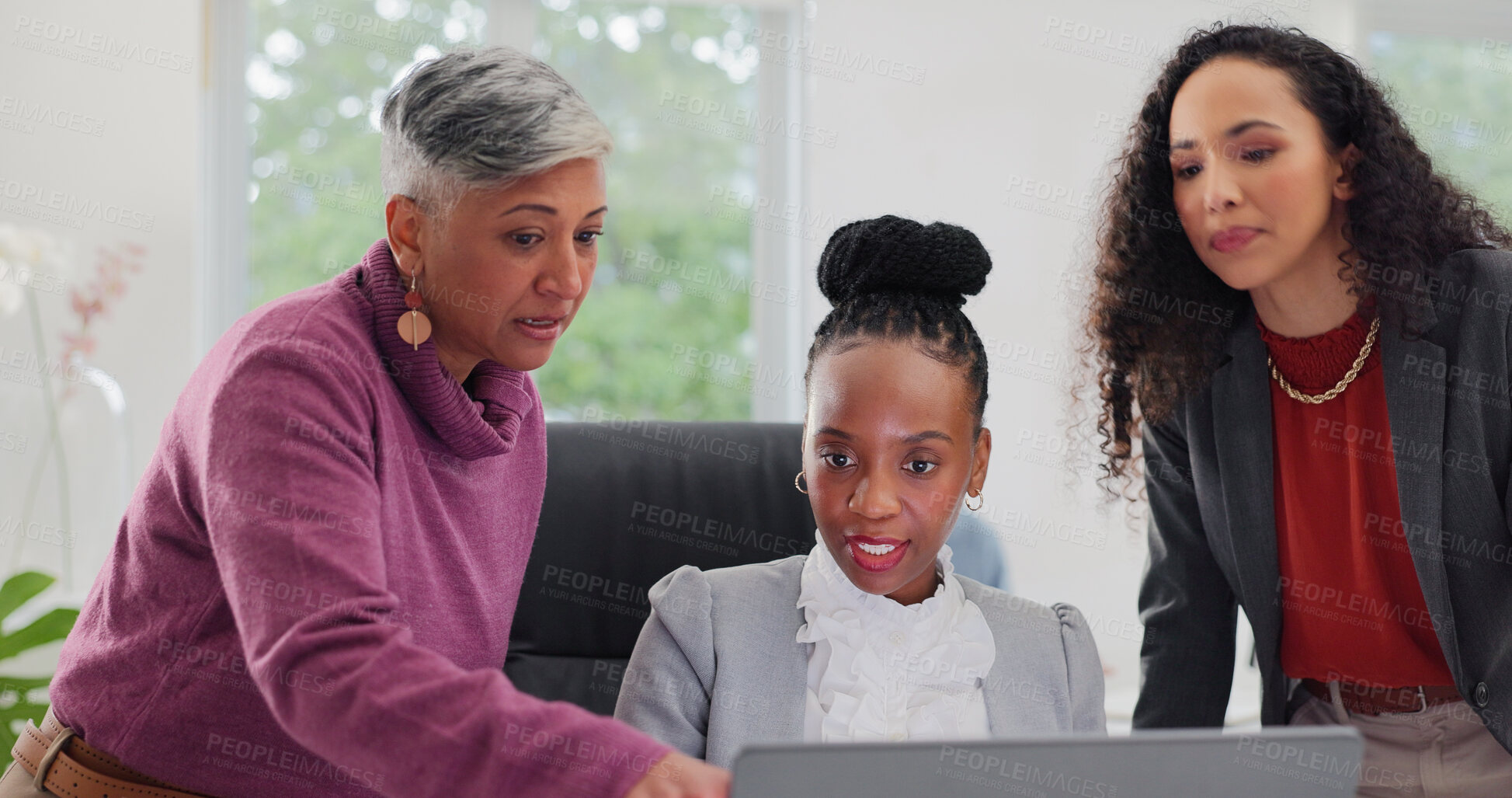 Buy stock photo Laptop, meeting and teamwork with business women in office together for discussion or feedback. Collaboration, computer and serious with employee group in workplace for conversation or development