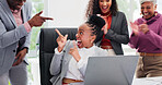 Excited, laptop and business people with celebration in meeting, campaign success and brand growth. Computer, applause and happy team with finger guns for achievement, audience increase and winning