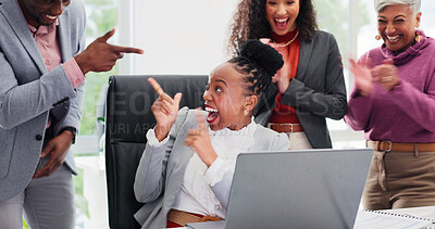 Buy stock photo Excited, laptop and business people with celebration in meeting, campaign success and brand growth. Computer, applause and happy team with finger guns for achievement, audience increase and winning