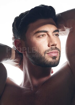 Buy stock photo Skincare, thinking and man in studio with natural, wellness and facial glow for health. Cosmetics, confident and male person with face dermatology, beard care or hygiene treatment by white background