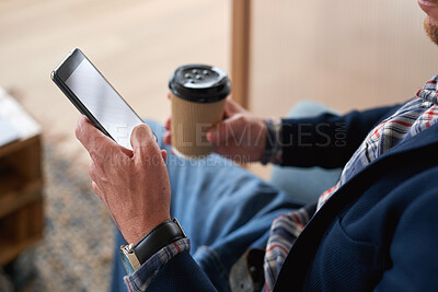 Buy stock photo Businessman, hands and typing with phone or coffee for social media, conversation or chat in home. Male person, texting or scrolling with mobile smartphone, drink or cup of caffeine for network app