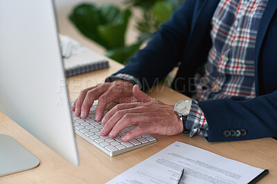 Buy stock photo Hands, man and computer with document in office for copywriting, typing newsletter or editing. Tech, employee and PC at desk for email marketing, sales campaign, proofreading ad or project management