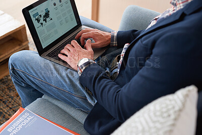 Buy stock photo Man, hands and laptop screen with business proposal on sofa for online presentation or research. Male person, freelancer or typing with computer for economic growth, development or case study in home