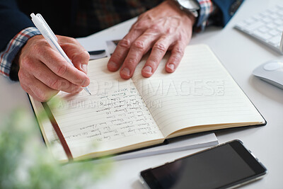 Buy stock photo Business person, hands and writing with book for schedule reminder, ideas or to do list in home. Closeup, writer or taking notes with diary, notary or remember tasks for agenda or activities in house