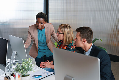 Buy stock photo Computer, review and business people in office with discussion, data analysis and marketing insight. Team, talk and collaboration with desktop, check statistics or charts for advertising performance.