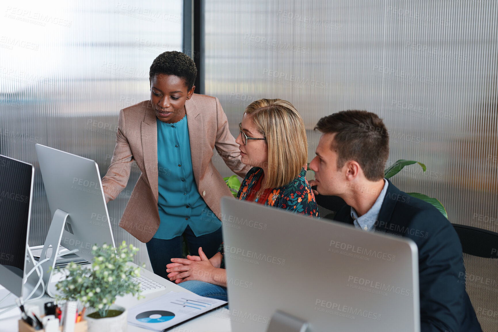 Buy stock photo Computer, review and business people in office with discussion, data analysis and marketing insight. Team, talk and collaboration with desktop, check statistics or charts for advertising performance.