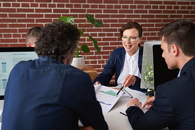 Buy stock photo Documents, discussion and business people in office with statistics for finance charts on report. Meeting, paperwork and team of financial manager with clients for investment contract with graphs.