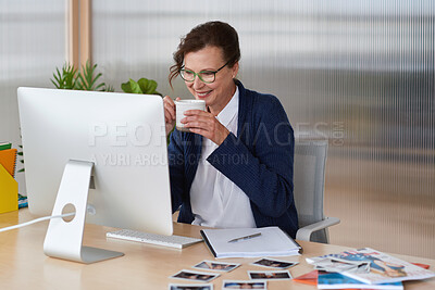 Buy stock photo Coffee, computer and business woman with pictures for profile, portfolio and info at modeling agency. Creative, office and person with drink and photos for talent scout, casting director and website