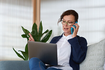 Buy stock photo Woman, laptop and phone call on sofa for remote work from home, glasses or discussion in living room. Mature person, virtual assistant and computer with insight, problem solving and feedback at house