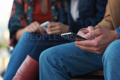Buy stock photo Outdoor, hands and texting with phone on break, online or communication with contact on social media. City, connection and people with mobile for digital chat, scroll and typing message on website