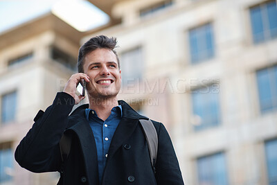 Buy stock photo Man, phone call and business trip in city, travel and contact for taxi, happy and low angle. Person, smile and commute with mobile communication, booking ride and waiting for transportation in town