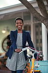 Portrait african american woman with bicycle smiling happy female tourist travelling in city