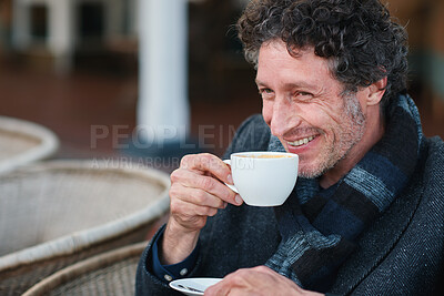 Buy stock photo Businessman, thinking and happy with coffee at cafe, wealth manager or relax with financial decision. Outdoor, employee and mature person with smile on break, idea and plan for investment with latte