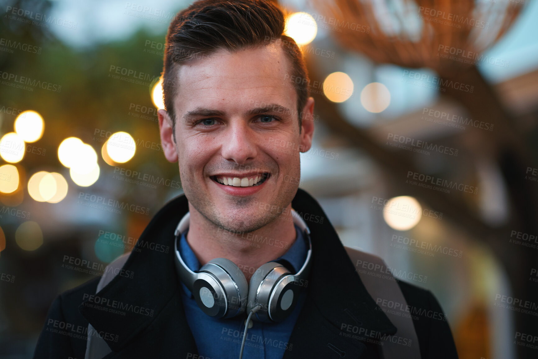 Buy stock photo Smile, professional and portrait of businessman in city with confidence for finance career. Bokeh, job opportunity and male financial manager with pride for company about us outdoor in urban town.
