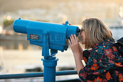 Buy stock photo Happy woman, tourist and telescope with view for sightseeing, travel or outdoor scenery. Female person, traveler or smile with tower binoculars for destination, location or landmark in city or town