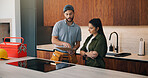 Repair, consultation or people in house with clipboard, issue review or quotation in system inspection. Discussion, notes or handyman with checklist, maintenance report or invoice in home improvement