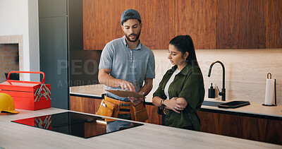 Buy stock photo Repair, consultation or people in house with clipboard, issue review or quotation in system inspection. Discussion, notes or handyman with checklist, maintenance report or invoice in home improvement