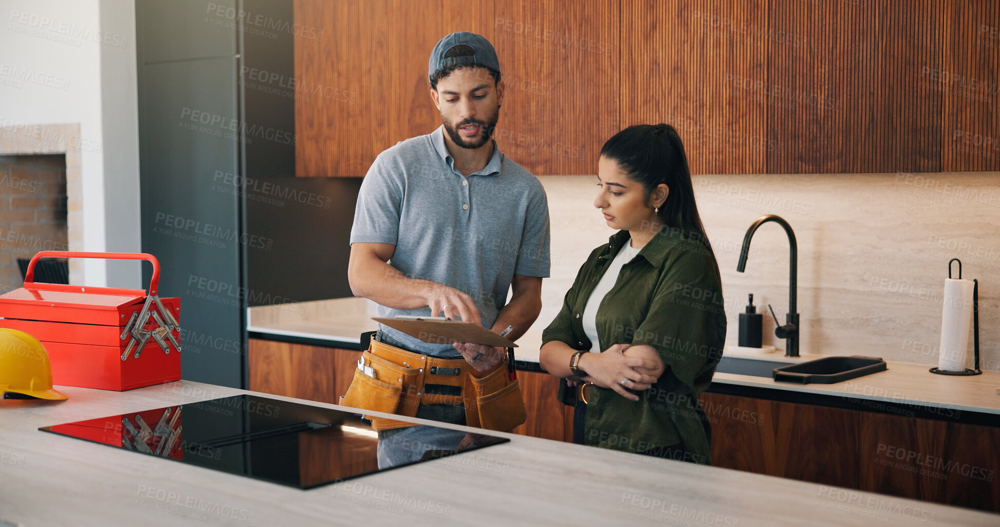 Buy stock photo Repair, consultation or people in house with clipboard, issue review or quotation in system inspection. Discussion, notes or handyman with checklist, maintenance report or invoice in home improvement