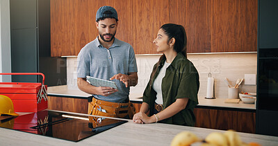Buy stock photo Repair, consultation or people in house with tablet, issue review or quotation on system inspection. Discussion, digital or handyman with checklist, maintenance report or invoice for home improvement