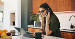 Remote work, phone call or woman with laptop, editor feedback or novel review in home. Reading, wfh or author in kitchen with tech, manuscript planning or publisher communication in story development