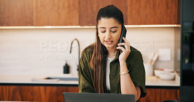 Buy stock photo Review, phone call or freelancer in home with laptop, publisher communication or novel edit in remote work. WFH, woman or author with tech, manuscript planning or editor feedback in story development