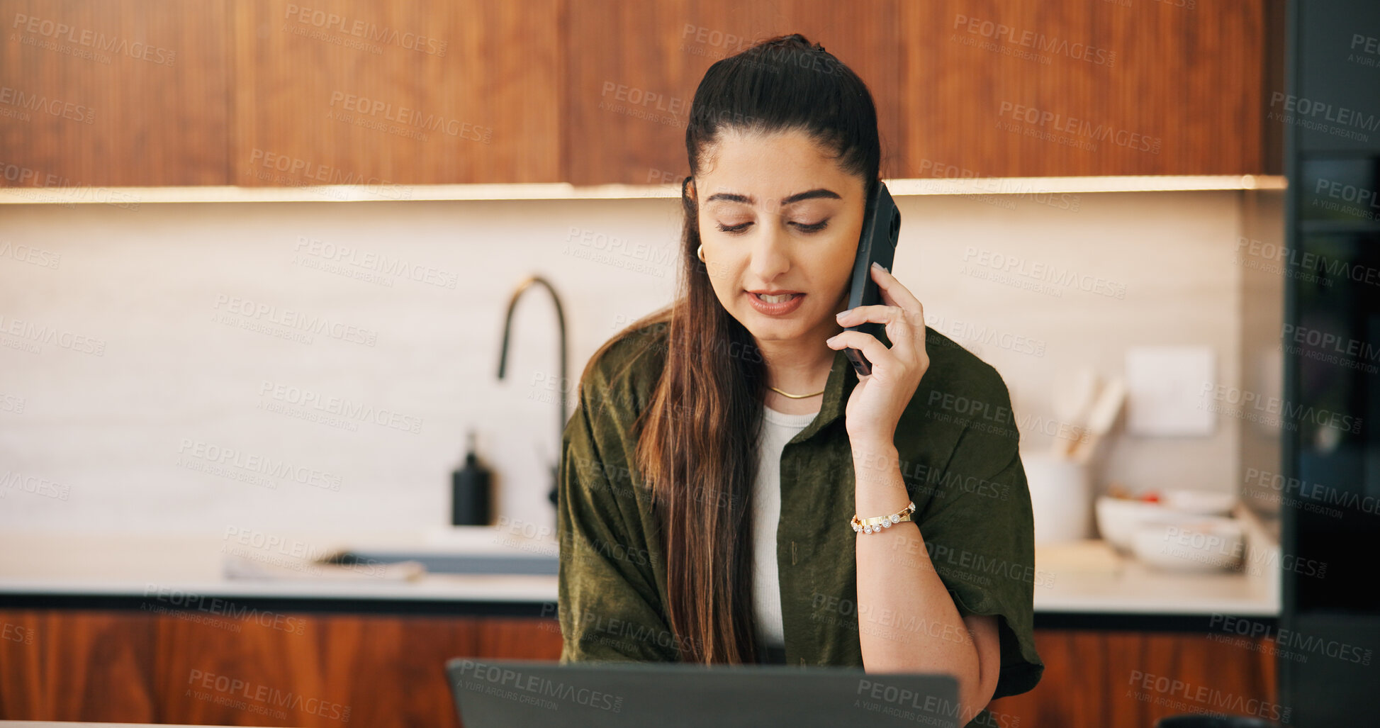 Buy stock photo Review, phone call or freelancer in home with laptop, publisher communication or novel edit in remote work. WFH, woman or author with tech, manuscript planning or editor feedback in story development