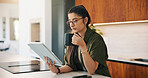 Coffee, remote work and tablet with woman n kitchen of home for online planning or research. App, drink and reading with freelance person at counter in apartment for small business agenda or schedule