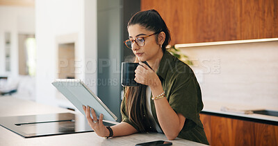Buy stock photo Coffee, remote work and tablet with woman n kitchen of home for online planning or research. App, drink and reading with freelance person at counter in apartment for small business agenda or schedule