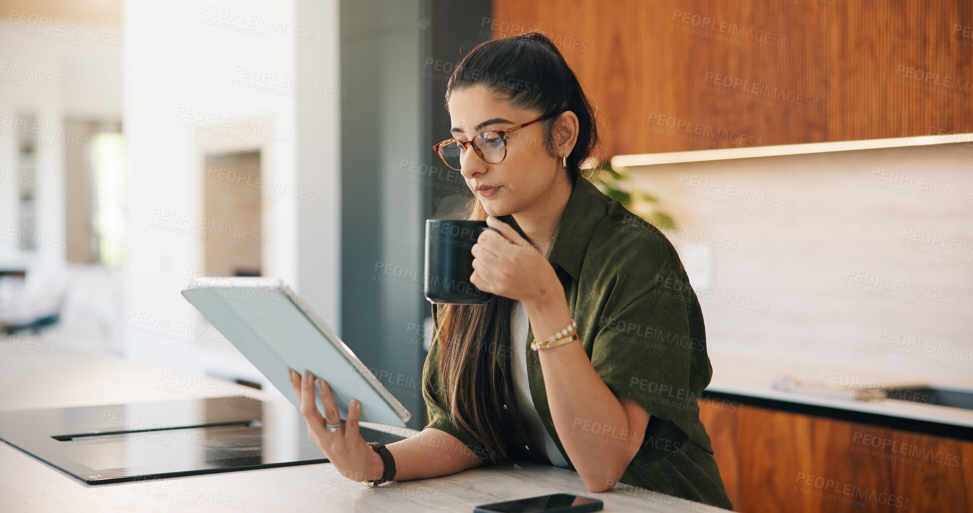 Buy stock photo Coffee, remote work and tablet with woman n kitchen of home for online planning or research. App, drink and reading with freelance person at counter in apartment for small business agenda or schedule