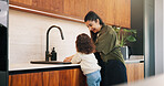 Smile, mother and washing hands with child at house for hygiene, teaching cleanliness and guidance. Happy, woman and helping daughter for sanitation, germ prevention and supervision for healthy habit