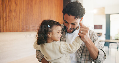 Buy stock photo Dad, dance and daughter in kitchen of home together for bonding, love or security as family. Holding hands, rhythm and smile of single parent man with girl toddler in apartment for playful connection