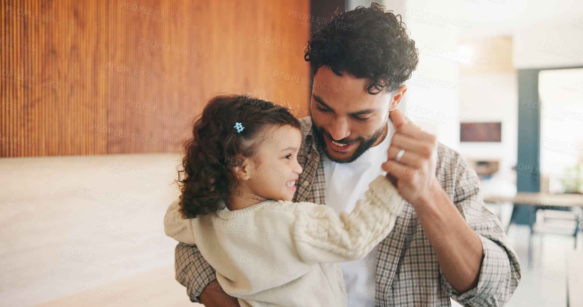 Buy stock photo Dad, dance and daughter in kitchen of home together for bonding, love or security as family. Holding hands, rhythm and smile of single parent man with girl toddler in apartment for playful connection