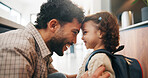 Education, dad and child with backpack in house, laughing and getting ready for first day of school. Happy man, home and help girl with bag for daycare, morning routine and preparing toddler to leave