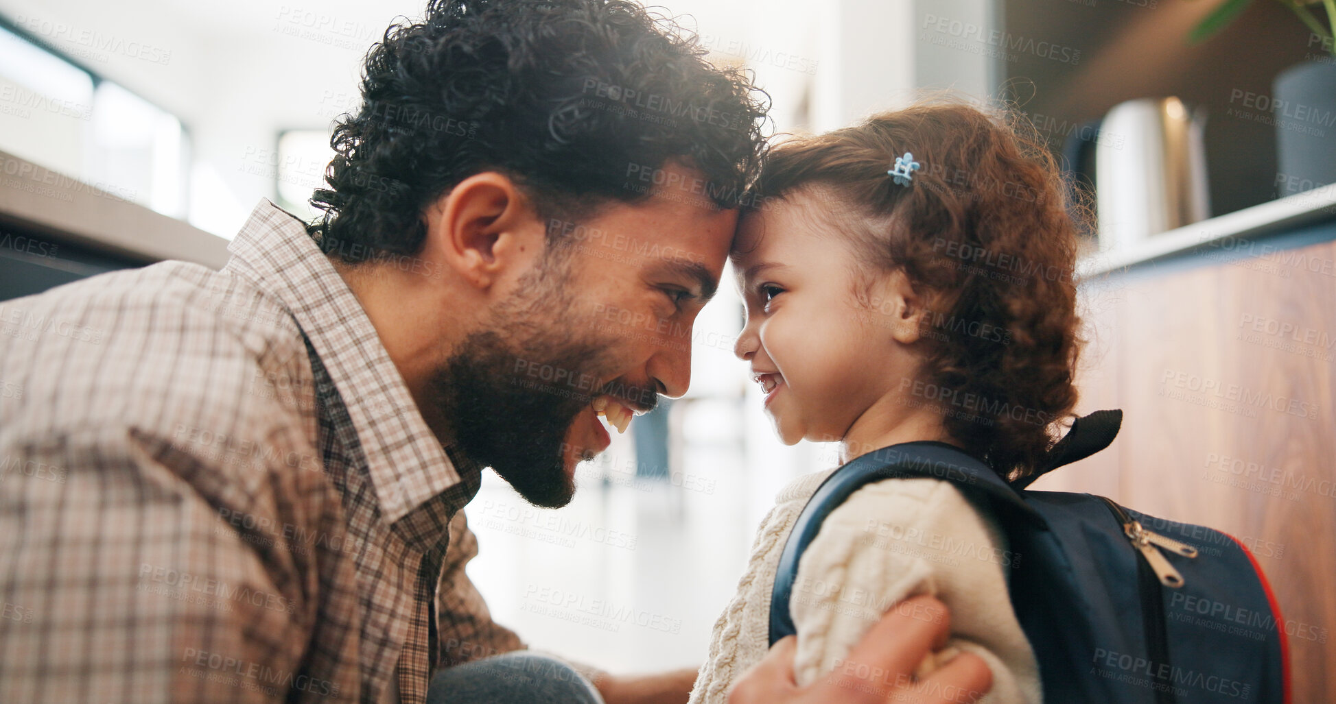 Buy stock photo Education, dad and child with backpack in house, laughing and getting ready for first day of school. Happy man, home and help girl with bag for daycare, morning routine and preparing toddler to leave