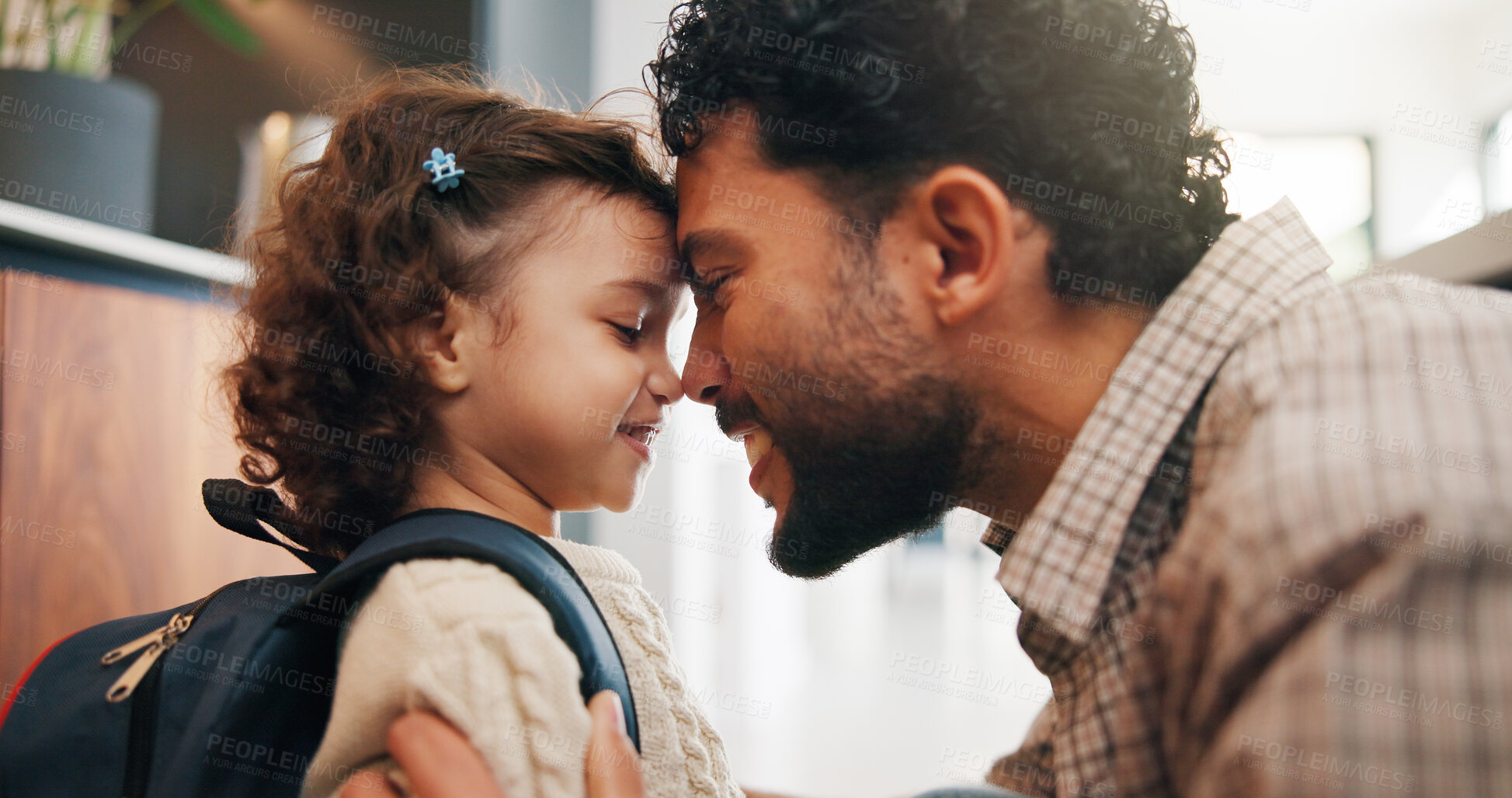 Buy stock photo Happy, dad and child with backpack, home and getting ready for first day of school or forehead touch. Man, smile and girl with bag for daycare in house, morning routine and preparing toddler to leave