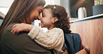 Backpack, hug and mother with child in home getting ready for preschool, education or development. Happy, family and girl kid embracing mom for greeting, support or love in morning at apartment.