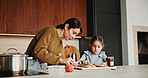 Mother, child and teaching with cooking, skills and meal prep in home for education. Mom, kid and learning recipe for development, growth or bonding in kitchen with support and ingredients for dinner