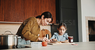 Buy stock photo Mother, child and teaching with sandwich, skills and meal prep in home for education. Mom, kid and learning recipe for development, growth or bonding in kitchen with support and ingredients for lunch