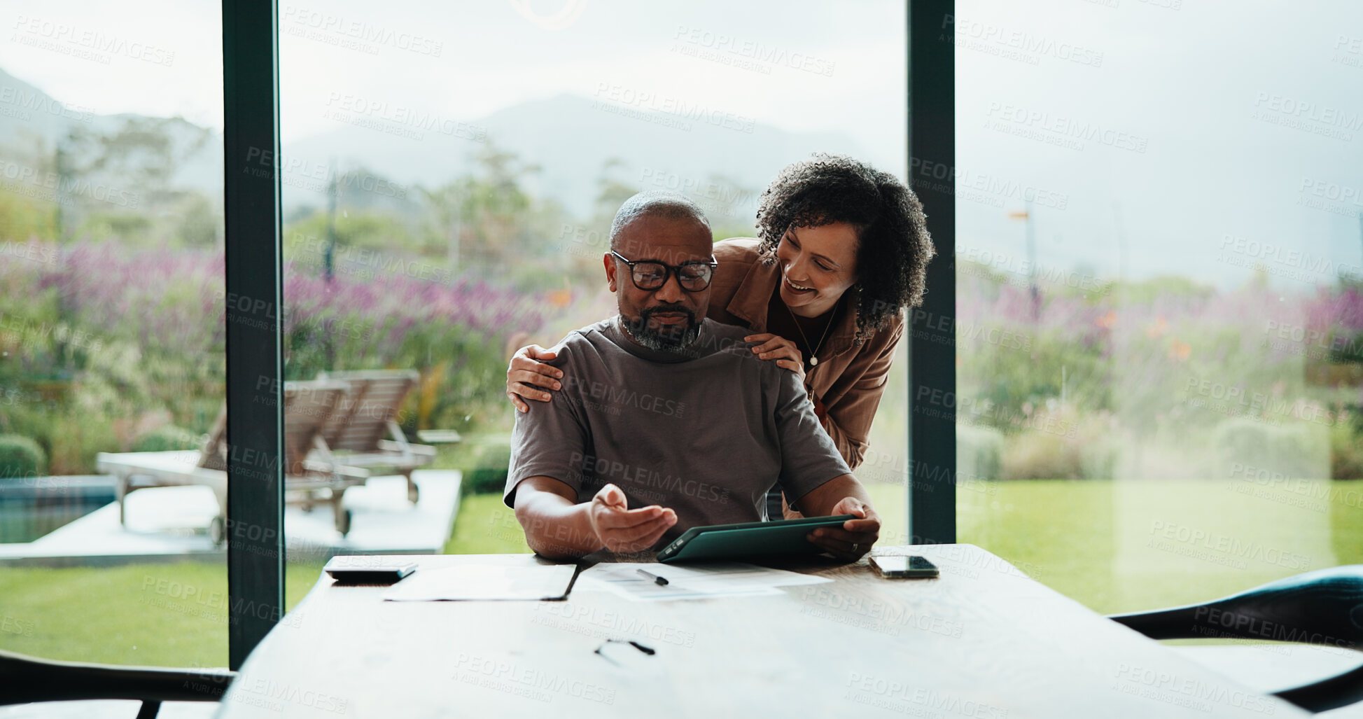 Buy stock photo Tablet, couple and support with remote work in home for finance report, external audit and bonding. Love, mature african people and affection with tech for freelance partner, digital payroll and care