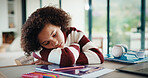 Bored, tired and child with homework in house with elearning, education or online class. Fatigue, burnout and girl student with exhaustion for knowledge, growth or development in virtual lesson.