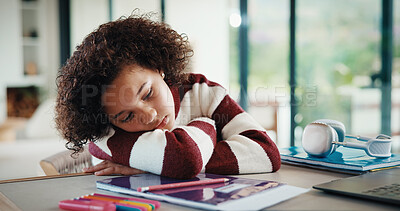 Buy stock photo Bored, tired and child with homework in house with elearning, education or online class. Fatigue, burnout and girl student with exhaustion for knowledge, growth or development in virtual lesson.