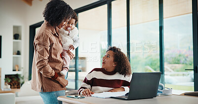 Buy stock photo Homework, laptop and girl with mother for advice with internet, connection or education. Family, single parent and excited daughter with computer, knowledge and child development, help or growth