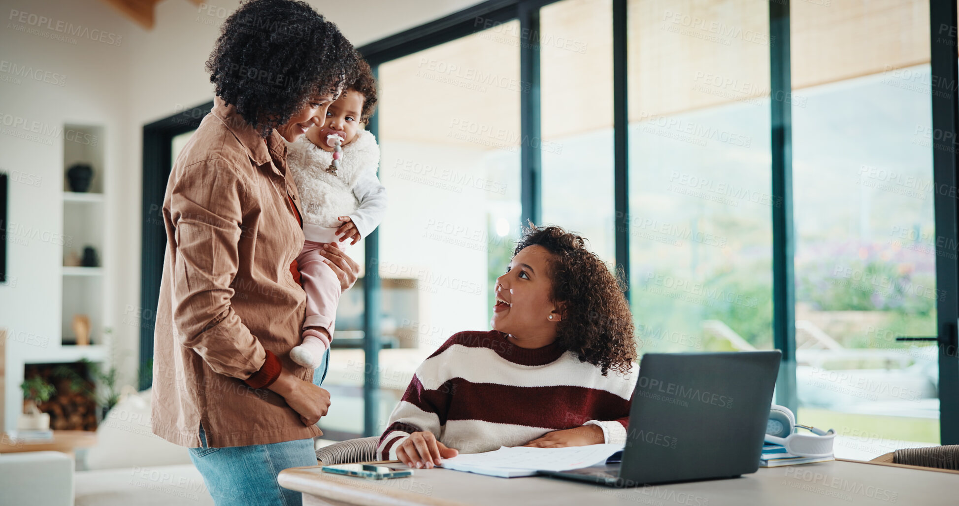 Buy stock photo Homework, laptop and girl with mother for advice with internet, connection or education. Family, single parent and excited daughter with computer, knowledge and child development, help or growth