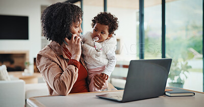Buy stock photo Phone call, remote work and mom with baby, lounge and ads on laptop and talking with contact in home. Entrepreneur, multitask and inventory management on web, childcare and woman with mobile for chat