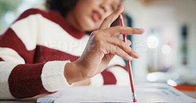 Buy stock photo Girl, hand and thinking with homework, pencil and education with knowledge for math assignment. Smart, child and problem solving in home with notebook, growth and learning numeracy for development.