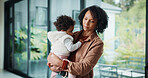 Serious, mom and think with baby, home and planning for childcare and connection with girl on break. Woman, reflection and bonding with daughter, thoughts and single parent with decision in house