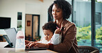 Remote work, research and mom with baby, home office and check ads on laptop for online shop or web. Entrepreneur, multitasking and inventory management, childcare and woman with technology in house