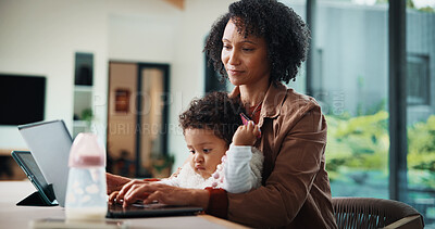 Buy stock photo Remote work, research and mom with baby, home office and check ads on laptop for online shop or web. Entrepreneur, multitasking and inventory management, childcare and woman with technology in house