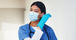 Nurse, face mask and portrait woman in hospital for virus protection, outbreak and germ. Healthcare advisor, infectious disease ppe and medical with person in clinic for wellness, safety and about us