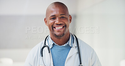 Buy stock photo Happy, doctor and portrait with black man in hospital for healthcare advisor, about us and pride. Medical specialist, smile and surgeon or male person in clinic confidence, physician and healing